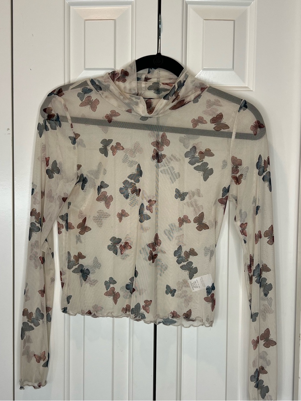La La Land Creative Co Butterflies Cropped Mesh Top with Lettuce Hems size M